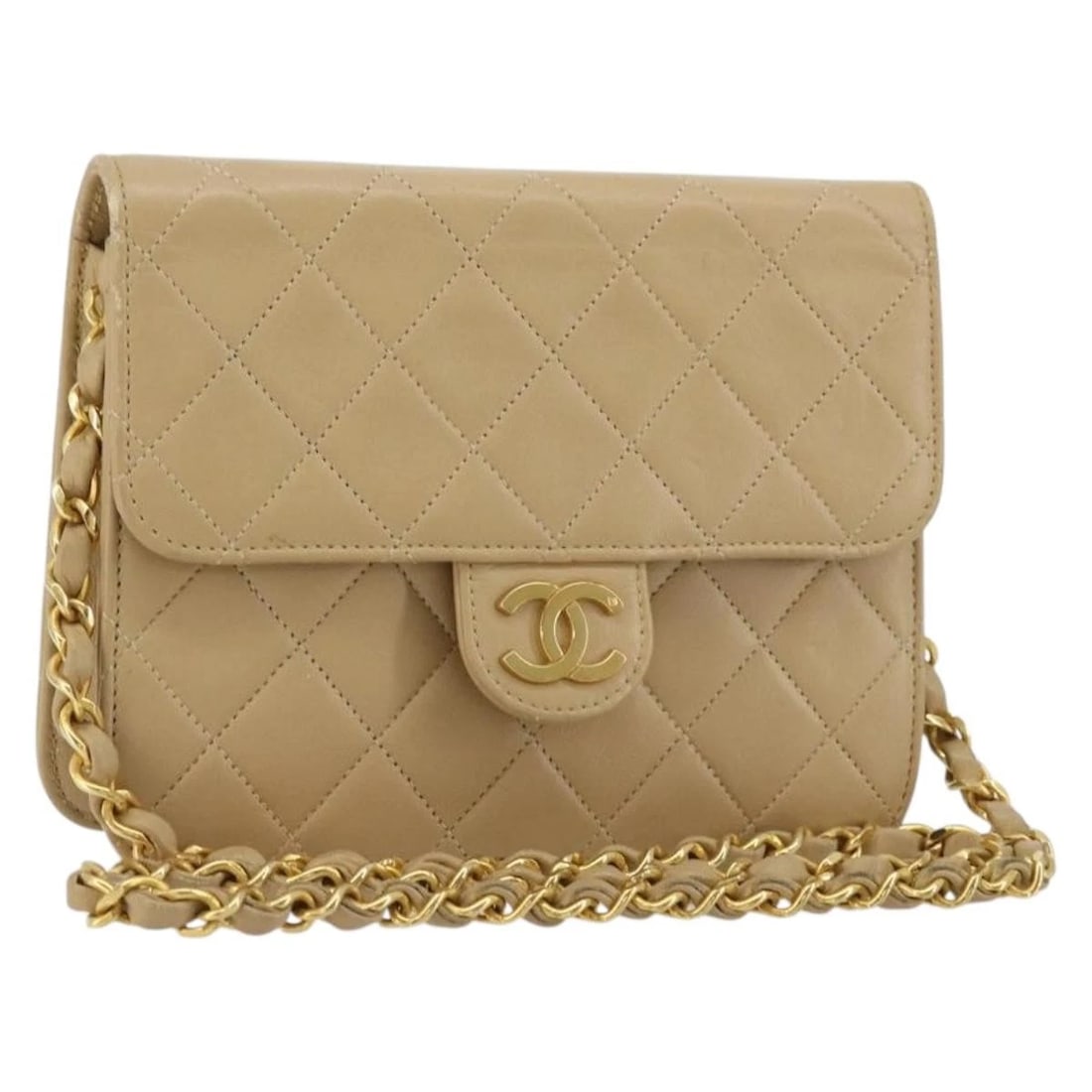 CHANEL CHAIN SHOULDER BAG LAMB SKIN BEIGE GOLD: CHANEL Chain Shoulder Bag Lamb Skin Beige Gold Brand: CHANEL Type/Style: Shoulder Bag Material: Lamb Skin Color: Beige/Gold Size: Size(Inch) W7.1 x H5.5 x D2.4inch(Approx) Accessories: None