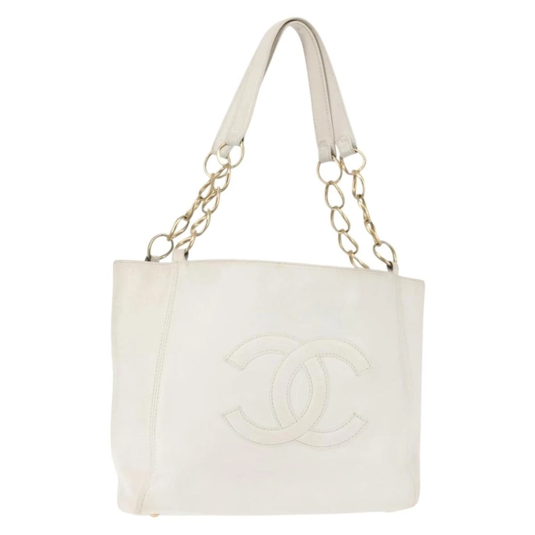CHANEL TOTE BAG GRAINED CALF SKIN WHITE GOLD: CHANEL Tote Bag Grained Calf Skin White Gold Brand: CHANEL Type/Style: Tote Bag Material: Caviar Skin Color: White/Gold Size: Size(Inch) W11.8 x H9.4 x D3.9inch(Approx) Accessories: None A
