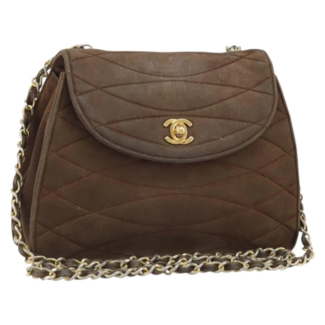 CHANEL CHAIN SHOULDER BAG SUEDE BROWN GOLD: CHANEL Chain Shoulder Bag Suede Brown Gold Brand: CHANEL Type/Style: Shoulder Bag Material: Suede Color: Brown/Gold Size: Size(Inch) W8.3 x H6.3 x D2.4inch(Approx) Accessories: None Access