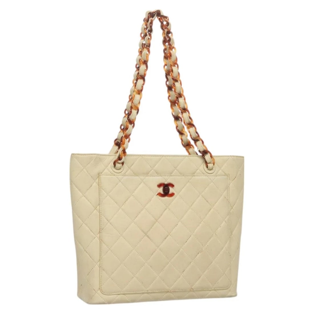 CHANEL MATELASSE CHAIN TOTE BAG: CHANEL Matelasse Chain Tote Bag Brand: CHANEL Type/Style: Tote Bag Material: Lamb Skin Color: Beige Size: Size(Inch) W11.8 x H10.6 x D2.8inch(Approx) Accessories: None Accessories Notice: