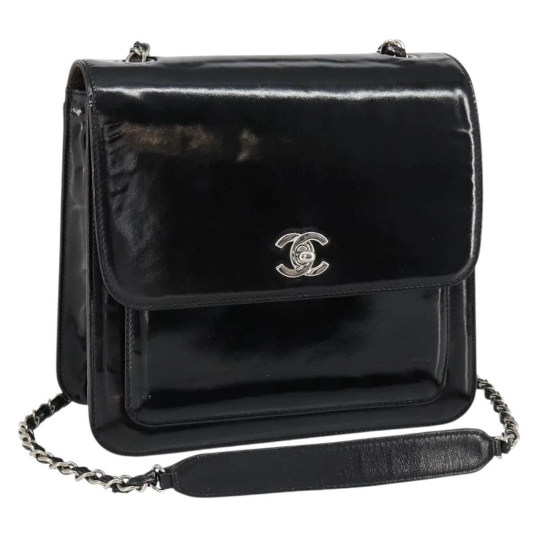 CHANEL FLAP CHAIN SHOULDER BAG: CHANEL Flap Chain Shoulder Bag Brand: CHANEL Type/Style: Shoulder Bag Material: Patent Leather Color: Black/Silver Size: Size(Inch) W8.7 x H8.7 x D3.5inch(Approx) Accessories: None Accesso