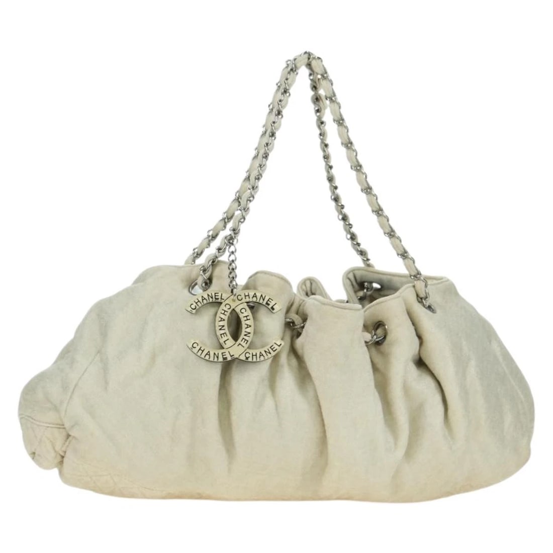 CHANEL CHAIN MELROSE CABAS SHOULDER BAG: CHANEL Chain Melrose Cabas Shoulder Bag Brand: CHANEL Type/Style: Shoulder Bag Material: Canvas Color: Beige/Silver Size: Size(Inch) W18.9 x H7.1 x D4.3inch(Approx) Accessories: None Acces
