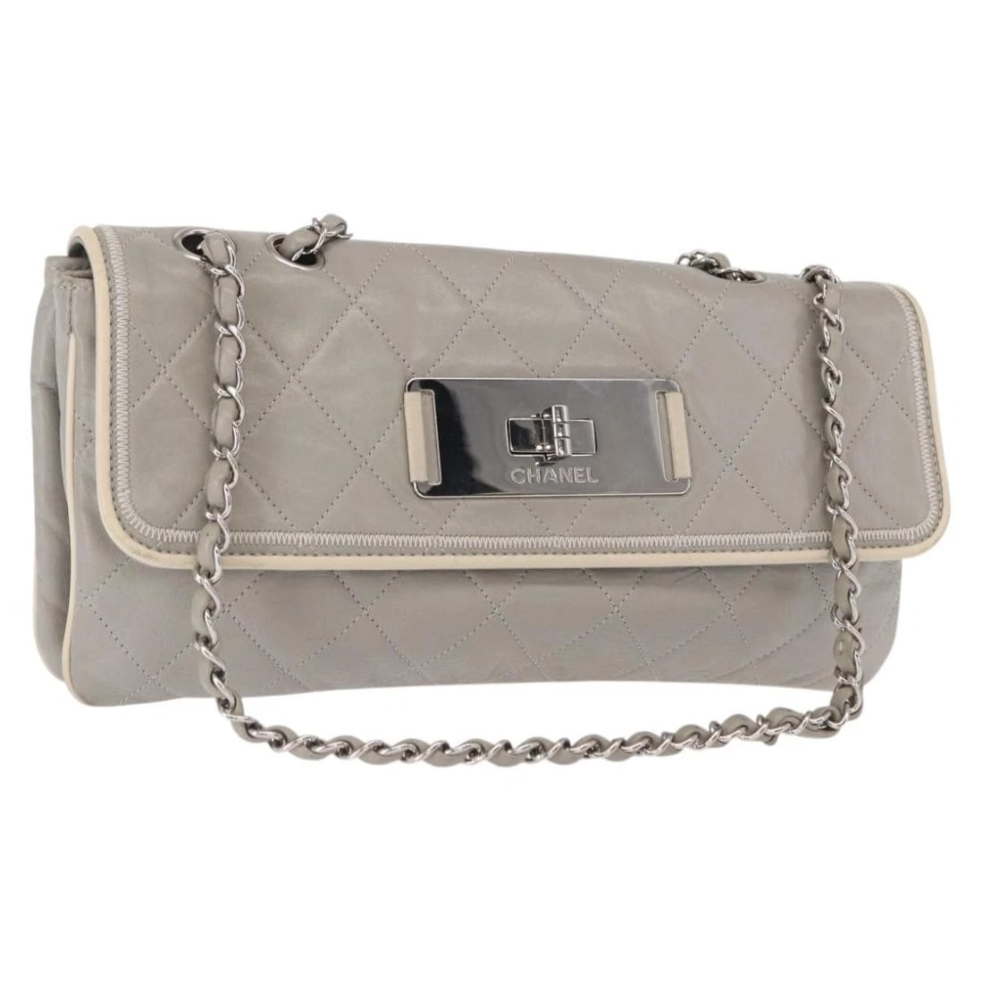 CHANEL LAMB SKIN CHAIN SHOULDER BAG: CHANEL Lamb Skin Chain Shoulder Bag Brand: CHANEL Type/Style: Shoulder Bag Material: Lamb Skin Color: Gray/Silver Size: Size(Inch) W12.2 x H5.5 x D0.8inch(Approx) Accessories: None Accesso