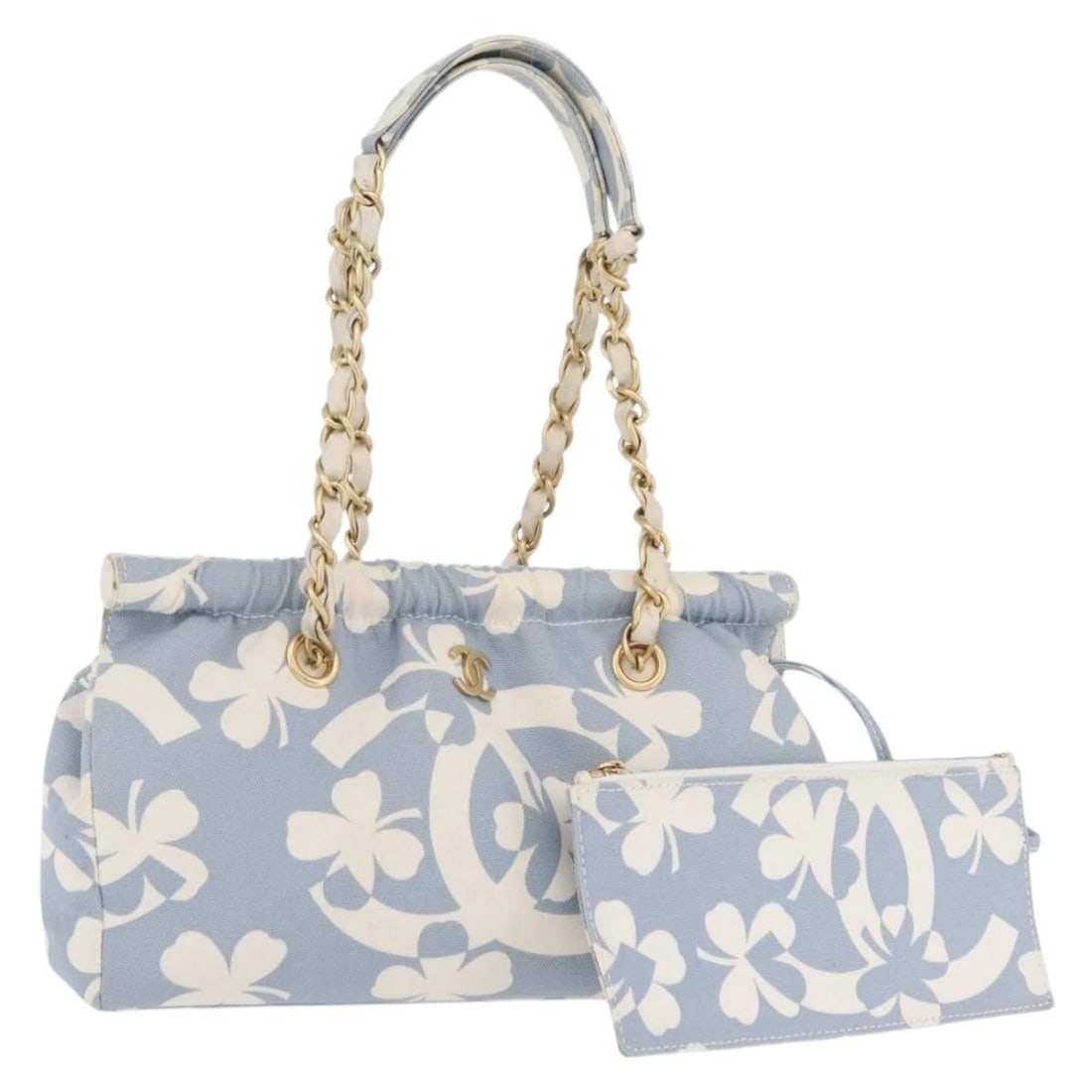 CHANEL CHAIN SHOULDER BAG: CHANEL Chain Shoulder Bag Brand: CHANEL Type/Style: Shoulder Bag Material: Canvas Color: Light Blue/gold Size: Size(Inch) W11.0 x H6.3 x D2.4inch(Approx) Accessories: None Accessories Noti