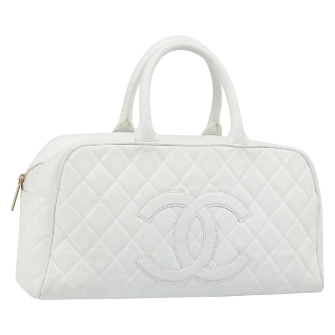 CHANEL MATELASSE BOSTON BAG: CHANEL Matelasse Boston Bag Brand: CHANEL Type/Style: Boston Bag Material: Caviar Skin Color: White/Gold Size: Size(Inch) W14.6 x H7.5 x D4.7inch(Approx) Accessories: None Accessories Noti