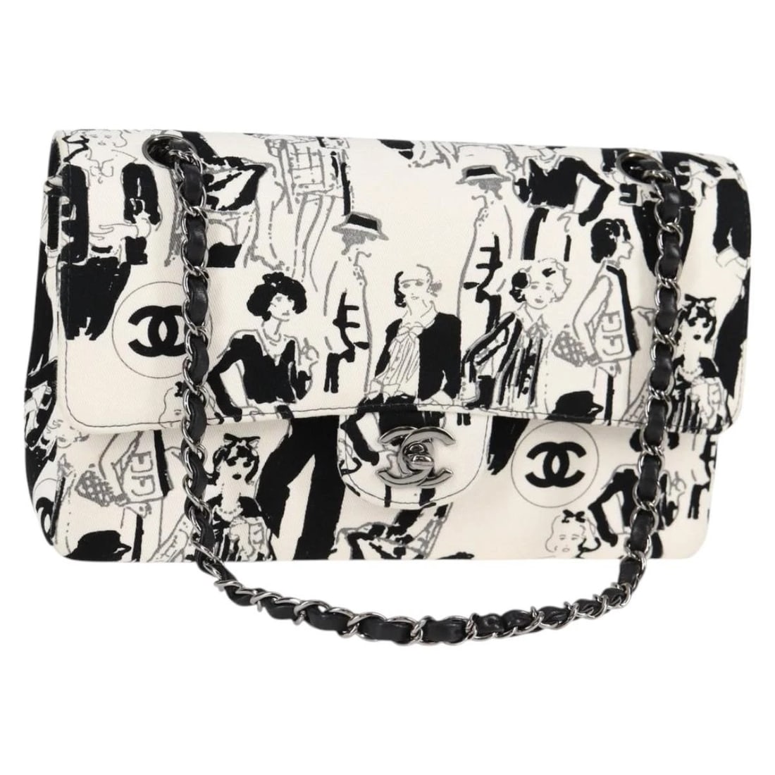 CHANEL CHAIN SHOULDER BAG: CHANEL Chain Shoulder Bag Brand: CHANEL Type/Style: Shoulder Bag Material: Canvas Color: White/Silver Size: Size(Inch) W9.8 x H5.1 x D2.4inch(Approx) Accessories: None Accessories Notice: