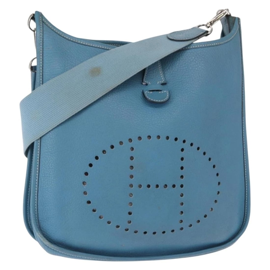 HERMES EVELYN 2 PM SHOULDER BAG: HERMES Evelyn 2 PM Shoulder Bag Brand: HERMES Type/Style: Shoulder Bag Material: Leather Color: Blue/Silver Size: Size(Inch) W10.6 x H10.2 x D3.0inch(Approx) Accessories: None Accessories Notice:
