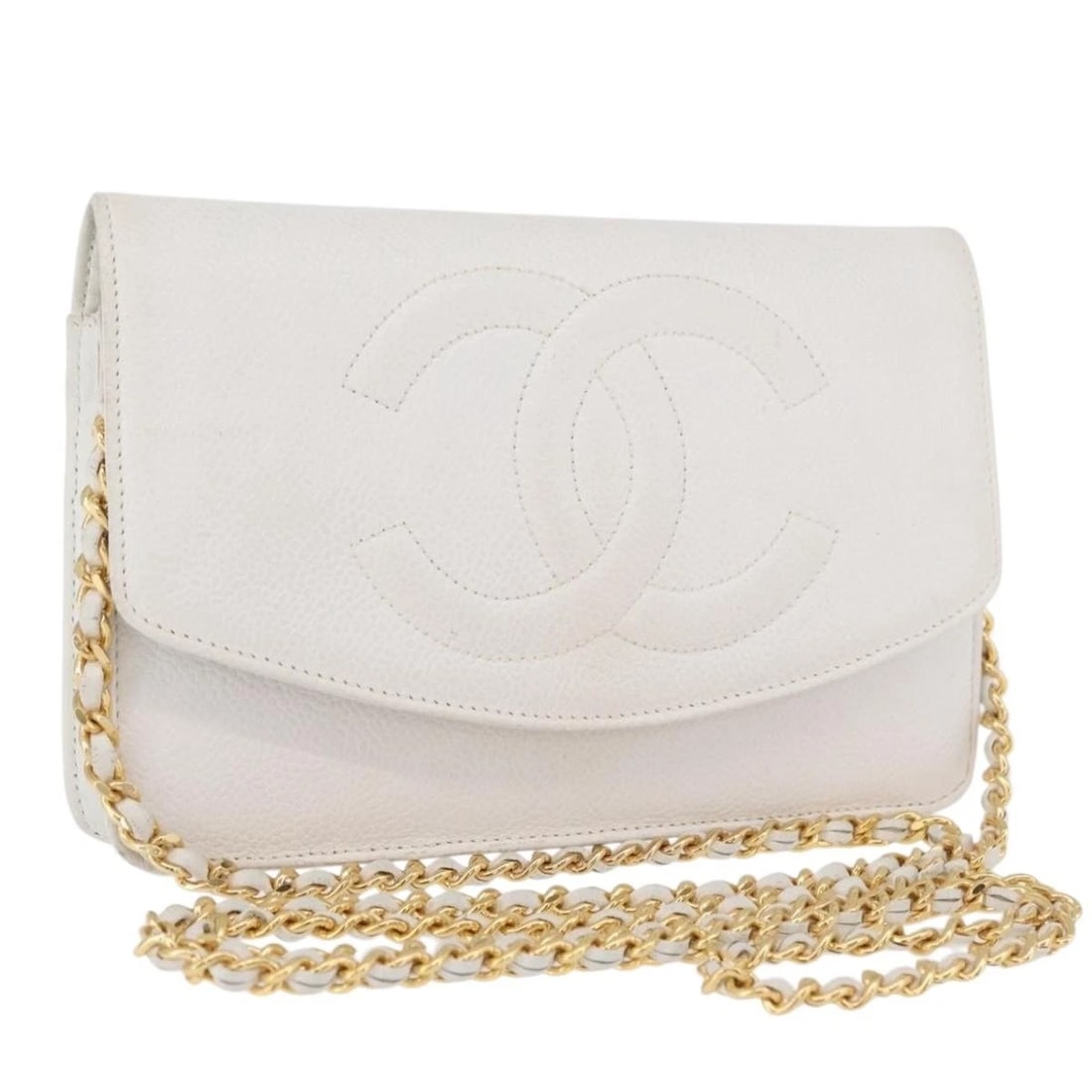 CHANEL CHAIN SHOULDER WALLET BAG: CHANEL Chain Shoulder Wallet Bag Brand: CHANEL Type/Style: Shoulder Bag Material: Caviar Skin Color: White/Gold Size: Size(Inch) W7.5 x H4.7 x D0.8inch(Approx) Accessories: None Accessorie
