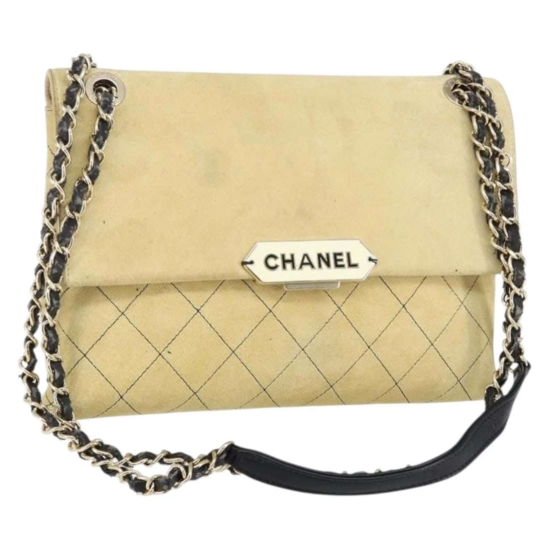CHANEL MATELASSE CHAIN SHOULDER BAG: CHANEL Matelasse Chain Shoulder Bag Brand: CHANEL Type/Style: Shoulder Bag Material: Suede Color: Beige/gold Size: Size(Inch) W10.6 x H7.9 x D1.2inch(Approx) Accessories: None Accessories