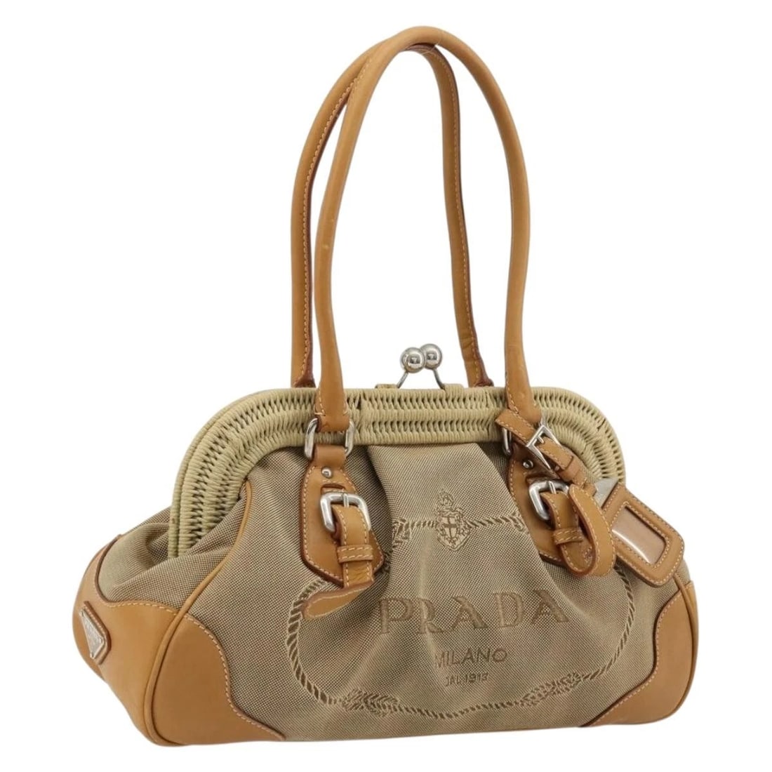 PRADA HAND BAG CANVAS BEIGE SILVER: PRADA Hand Bag Canvas Beige Silver Brand: PRADA Type/Style: Hand Bag Material: Canvas Color: Beige/Silver Size: Size(Inch) W12.6 x H7.9 x D4.3inch(Approx) Accessories: None Accessories Notice: When