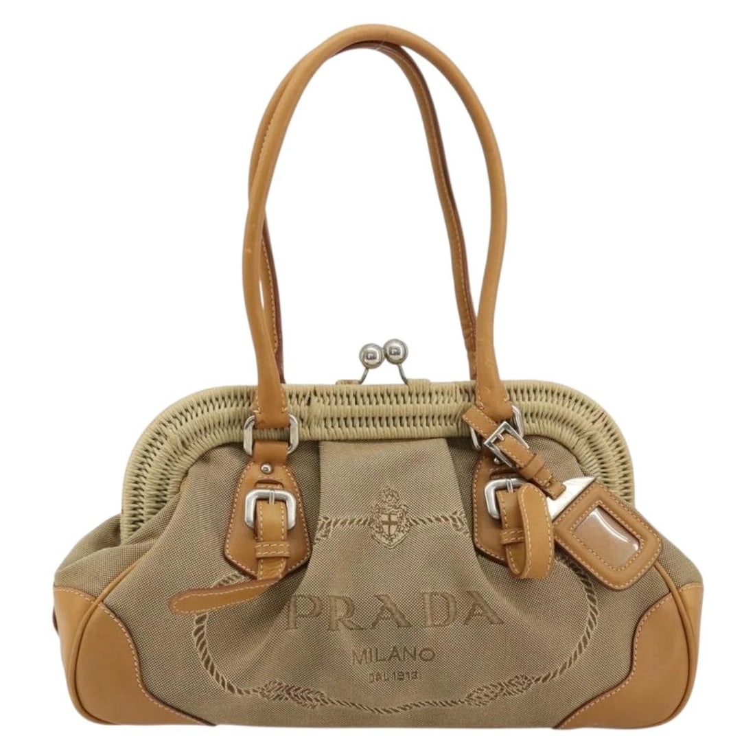 PRADA HAND BAG CANVAS BEIGE SILVER - 2