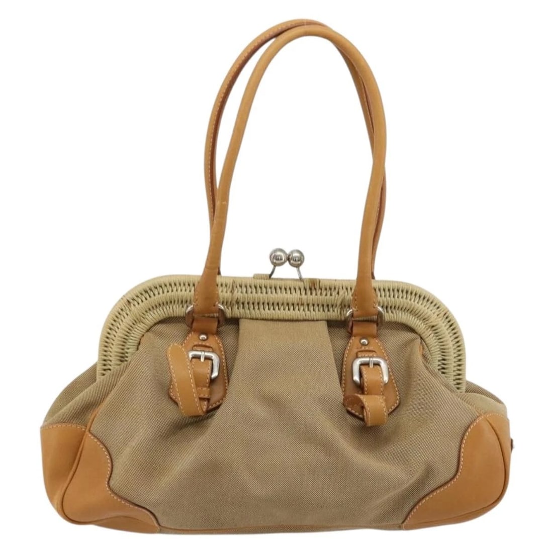 PRADA HAND BAG CANVAS BEIGE SILVER - 3