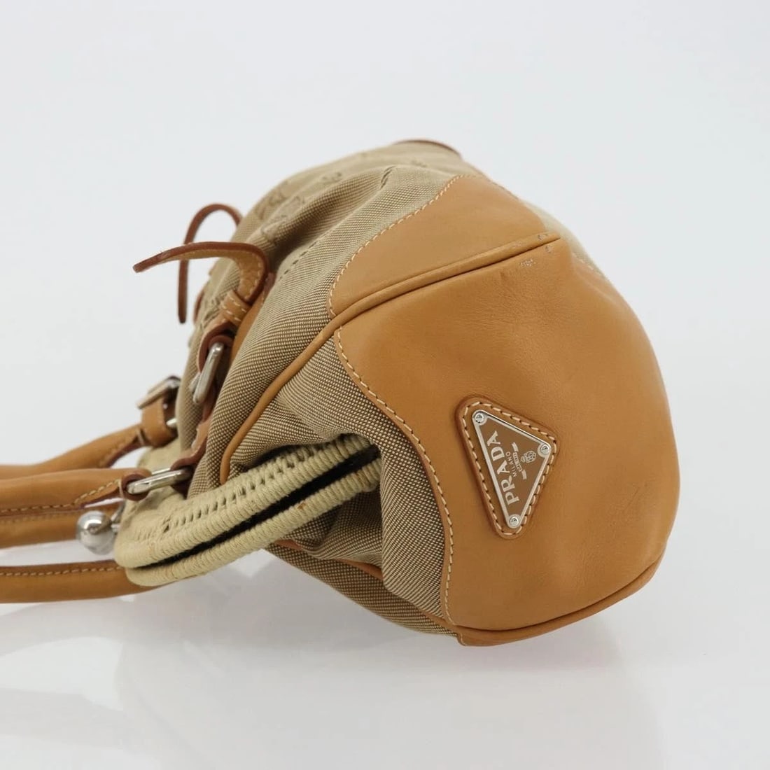 PRADA HAND BAG CANVAS BEIGE SILVER - 5