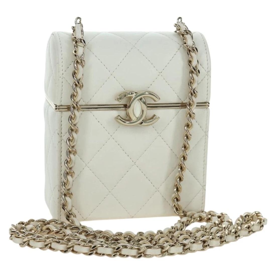 CHANEL MATELASSE CHAIN SHOULDER BAG: CHANEL Matelasse Chain Shoulder Bag Brand: CHANEL Type/Style: Shoulder Bag Material: Lamb Skin Color: White/Gold Size: Size(Inch) W3.9 x H4.7 x D1.6inch(Approx) Accessories: None Accessori