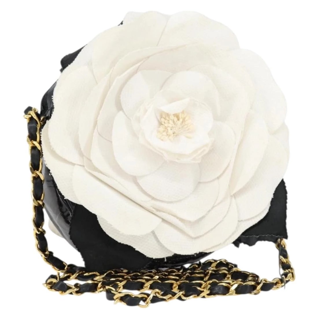 CHANEL CHAIN CAMELIA SHOULDER BAG: CHANEL Chain Camelia Shoulder Bag Brand: CHANEL Type/Style: Shoulder Bag Material: Patent Leather Color: Black/Gold Size: Size(Inch) W5.9 x H5.9 x D1.6inch(Approx) Accessories: None Access