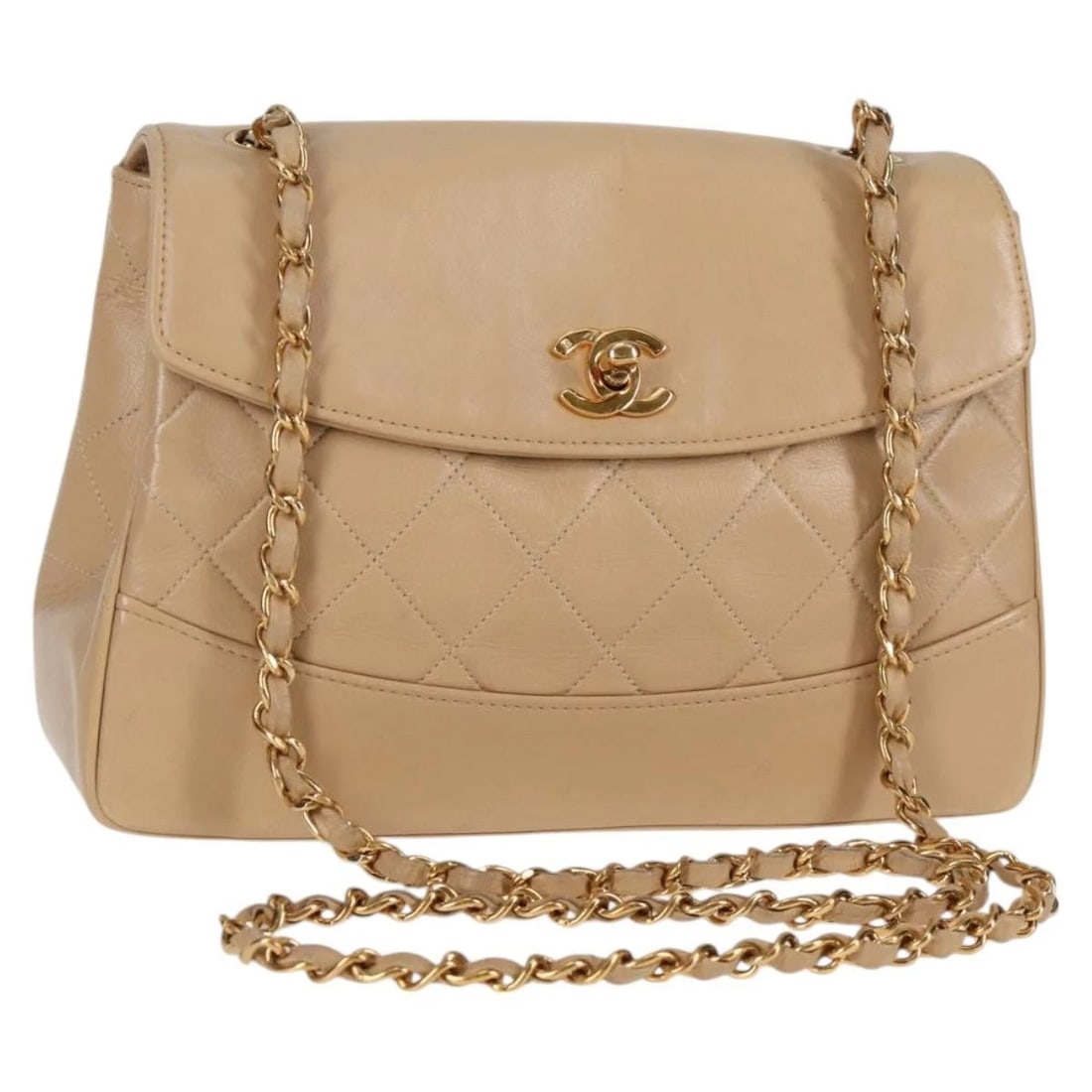 CHANEL MATELASSE CHAIN SHOULDER BAG: CHANEL Matelasse Chain Shoulder Bag Brand: CHANEL Type/Style: Shoulder Bag Material: Lamb Skin Color: Beige/Gold Size: Size(Inch) W9.8 x H5.9 x D2.8inch(Approx) Accessories: None Accessori