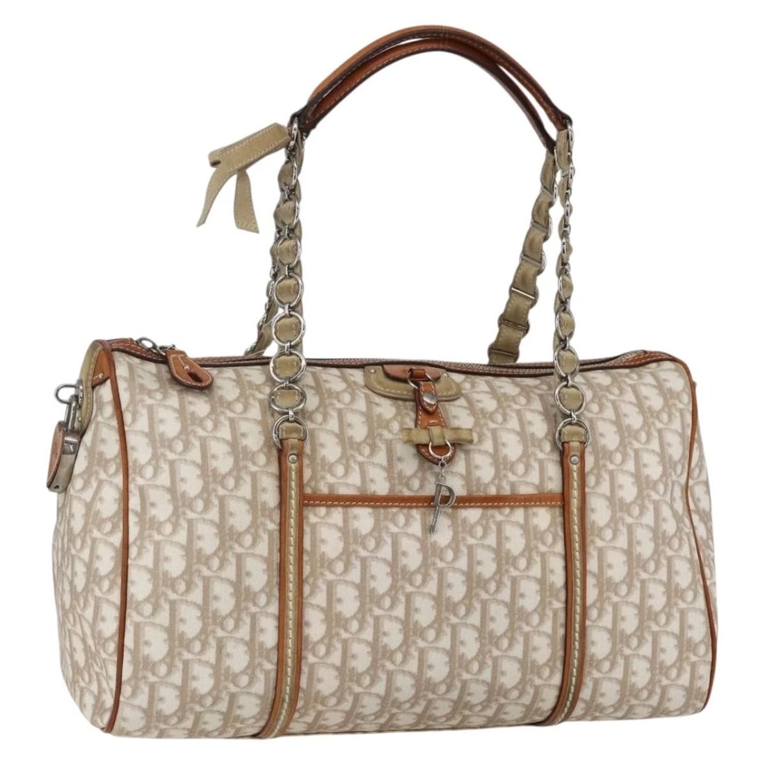 CHRISTIAN DIOR TROTTER CANVAS ROMANTIC CHAIN BAG: Christian Dior Trotter Canvas Romantic Chain Bag Brand: Christian Dior Type/Style: Boston Bag Material: PVC Leather/Trotter Canvas Color: Beige/Silver Size: Size(Inch) W14.2 x H8.3 x D6.3inch(Approx)