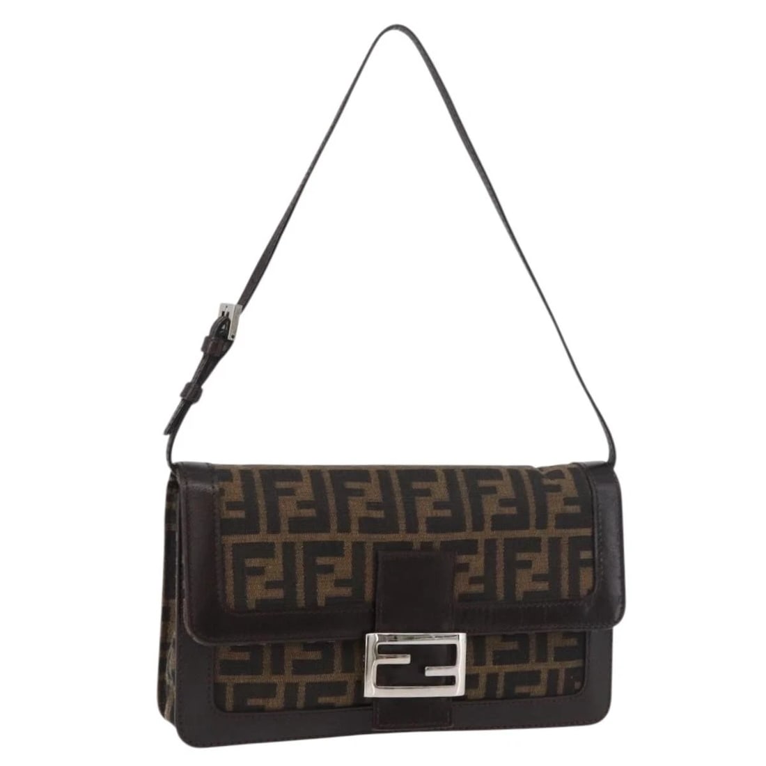 FENDI ZUCCA CANVAS MAMMA BAGUETTE SHOULDER BAG: FENDI Zucca Canvas Mamma Baguette Shoulder Bag Brand: FENDI Type/Style: Shoulder Bag Material: Zucca Canvas Color: Black/Brown Size: Size(Inch) W9.8 x H5.5 x D1.6inch(Approx) Accessories: None