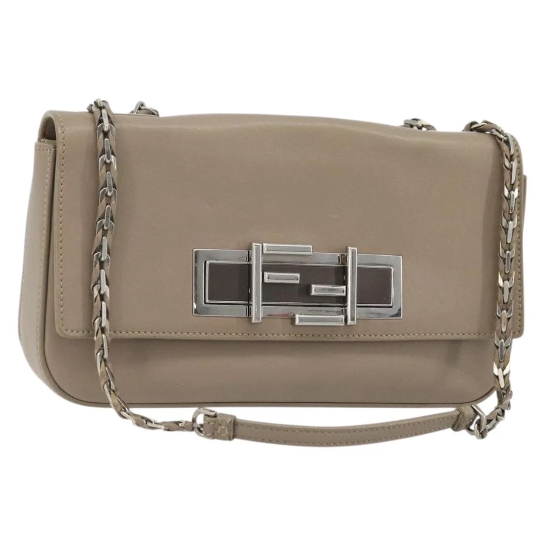 FENDI CHAIN TREBUQUETTE SHOULDER BAG: FENDI Chain Trebuquette Shoulder Bag Brand: FENDI Type/Style: Shoulder Bag Material: Leather Color: Beige/Silver Size: Size(Inch) W10.2 x H5.9 x D1.6inch(Approx) Accessories: None Accessor