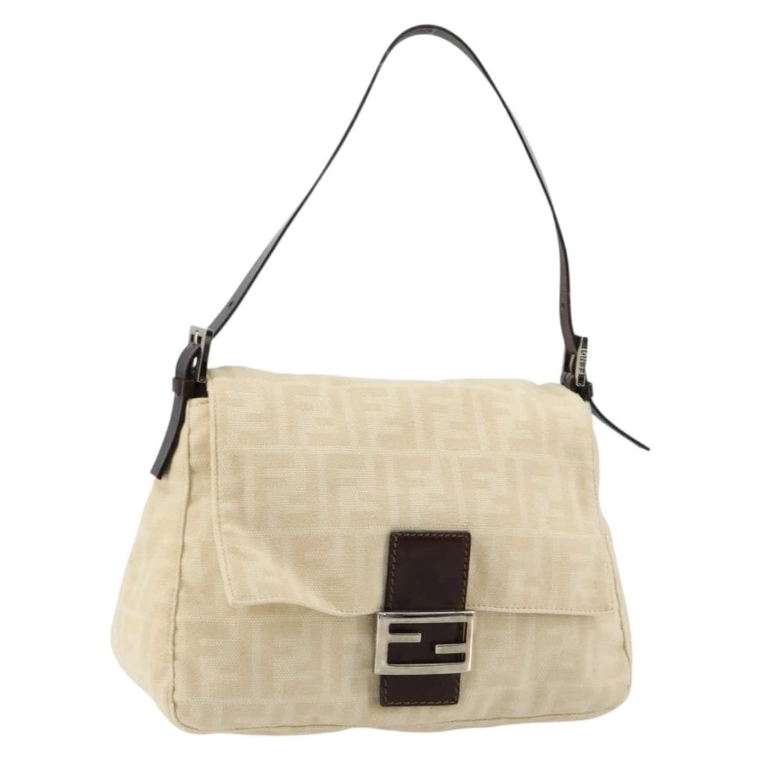 FENDI ZUCCA CANVAS MAMMA BAGUETTE SHOULDER BAG: FENDI Zucca Canvas Mamma Baguette Shoulder Bag Brand: FENDI Type/Style: Shoulder Bag Material: Canvas/Zucca Canvas Color: Beige/Silver Size: Size(Inch) W11.0 x H7.5 x D4.3inch(Approx) Accessories: