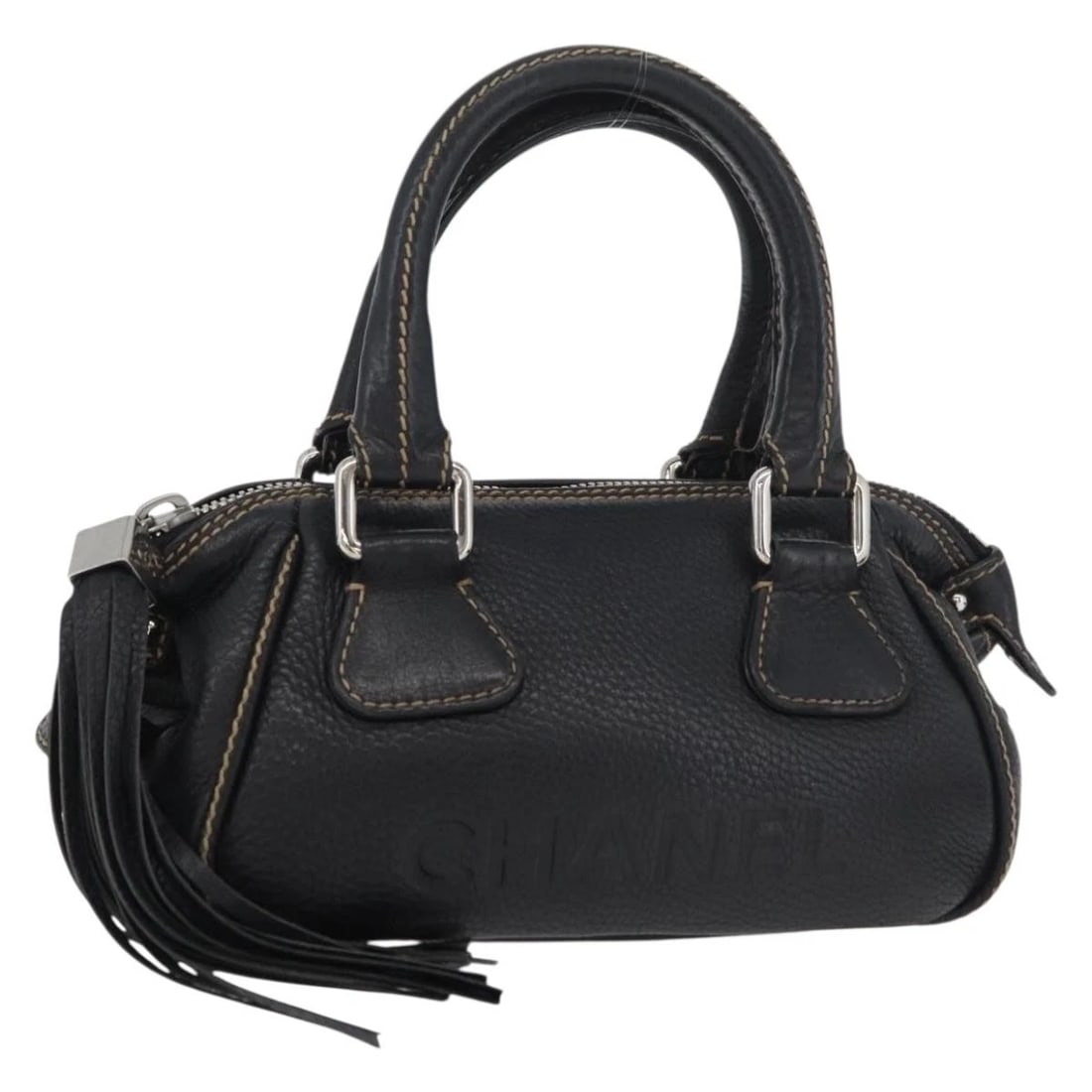 CHANEL HAND BAG LEATHER BLACK SILVER: CHANEL Hand Bag Leather Black Silver Brand: CHANEL Type/Style: Hand Bag Material: Leather Color: Black/Silver Size: Size(Inch) W8.3 x H4.7 x D4.3inch(Approx) Accessories: None Accessories
