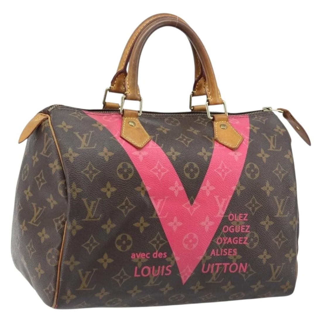 LOUIS VUITTON MONOGRAM V LINE SPEEDY 30 HAND BAG: LOUIS VUITTON Monogram V Line Speedy 30 Hand Bag Brand: LOUIS VUITTON Type/Style: Hand Bag Material: Monogram Canvas Color: Monogram/Pink Size: Size(Inch) W11.8 x H8.3 x D6.7inch(Approx) Accessori