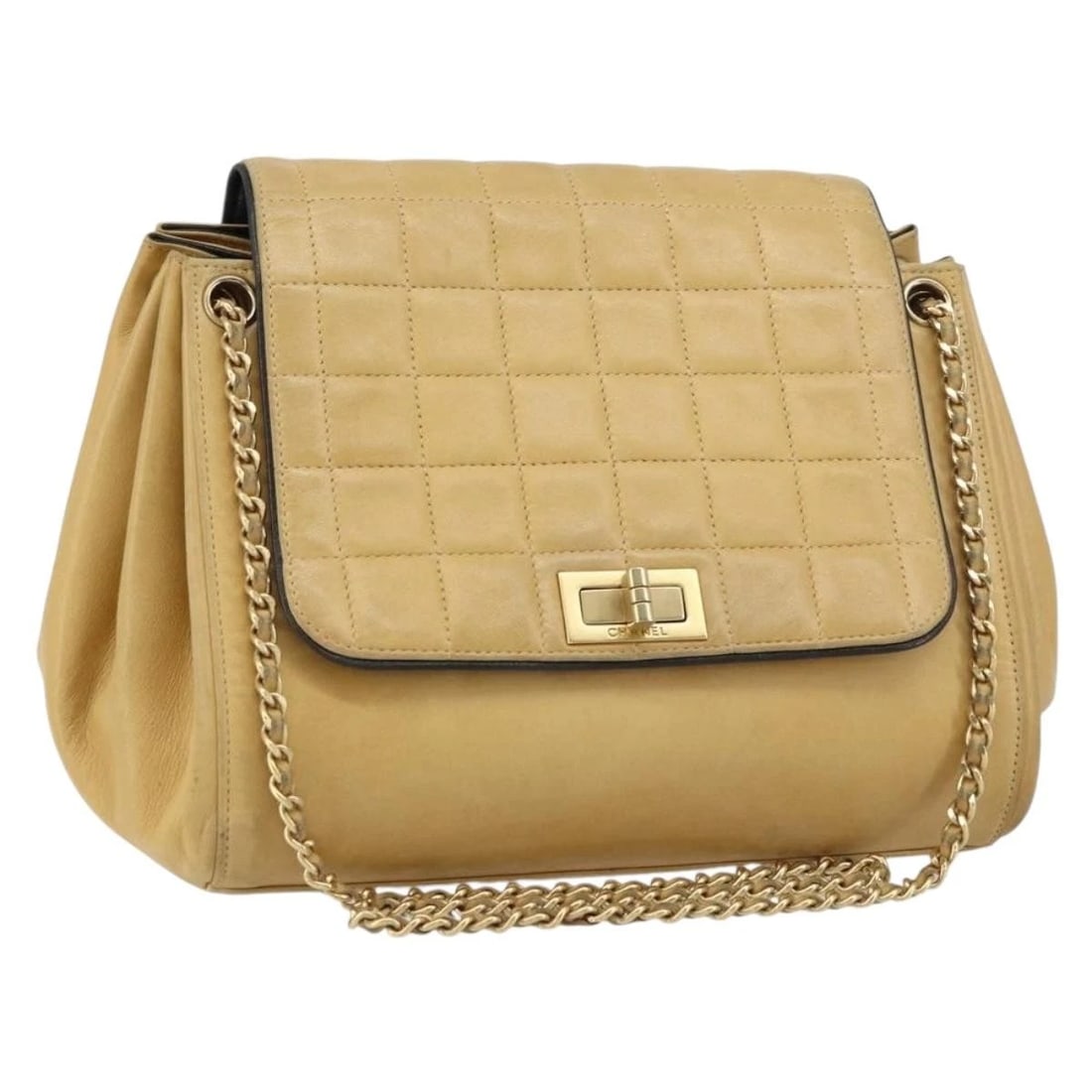 CHANEL CHOCO BAR LINE CHAIN SHOULDER BAG: CHANEL Choco Bar line Chain Shoulder Bag Brand: CHANEL Type/Style: Shoulder Bag Material: Lamb Skin Color: Beige/Gold Size: Size(Inch) W8.7 x H6.7 x D4.7inch(Approx) Accessories: None Acce