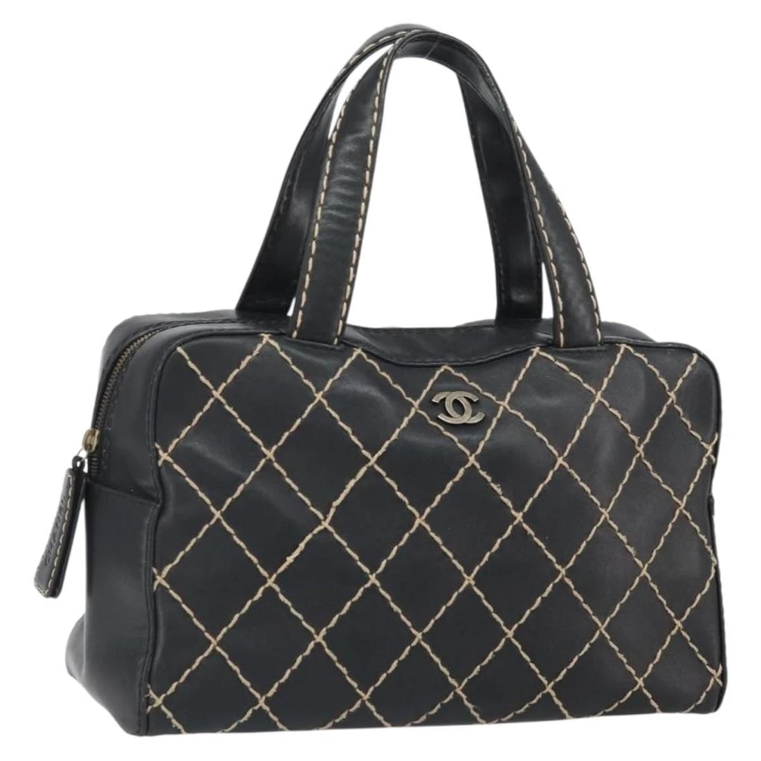 CHANEL WILD STITCH HAND BAG LEATHER BLACK GOLD: CHANEL Wild Stitch Hand Bag Leather Black Gold Brand: CHANEL Type/Style: Hand Bag Material: Leather Color: Black/Gold Size: Size(Inch) W12.6 x H7.5 x D5.5inch(Approx) Accessories: None Acc