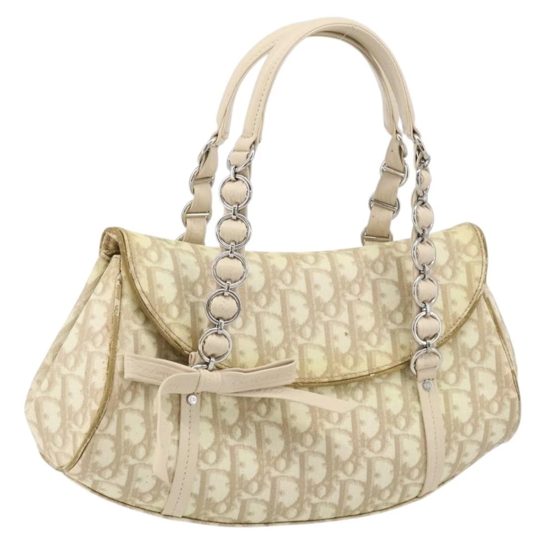 CHRISTIAN DIOR TROTTER CANVAS CHAIN HAND BAG: Christian Dior Trotter Canvas Chain Hand Bag Brand: Christian Dior Type/Style: Hand Bag Material: PVC Leather/Trotter Canvas Color: Beige/Silver Size: Size(Inch) W11.4 x H5.9 x D3.9inch(Approx) Ac