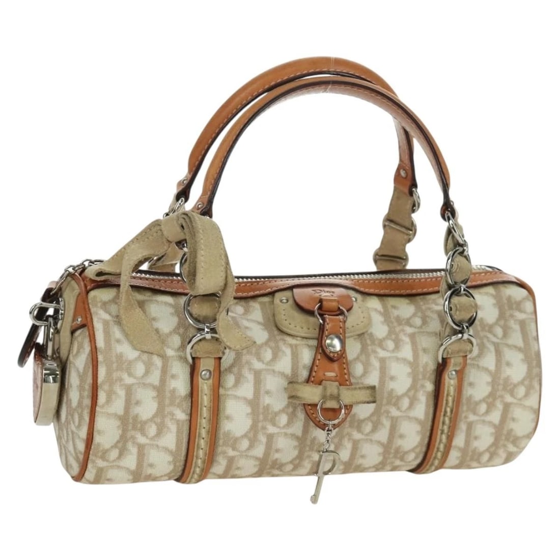 CHRISTIAN DIOR TROTTER CANVAS ROMANTIC HAND BAG: Christian Dior Trotter Canvas Romantic Hand Bag Brand: Christian Dior Type/Style: Hand Bag Material: PVC Leather/Trotter Canvas Color: Beige/Silver Size: Size(Inch) W9.4 x H3.9 x D3.5inch(Approx)