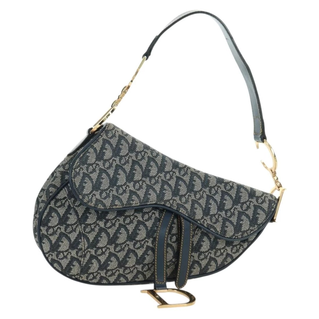 CHRISTIAN DIOR TROTTER CANVAS SADDLE BAG HAND BAG: Christian Dior Trotter Canvas Saddle Bag Hand Bag Brand: Christian Dior Type/Style: Hand Bag Material: Canvas Color: Navy/Gold Size: Size(Inch) W10.6 x H7.9 x D0.8inch(Approx) Accessories: None