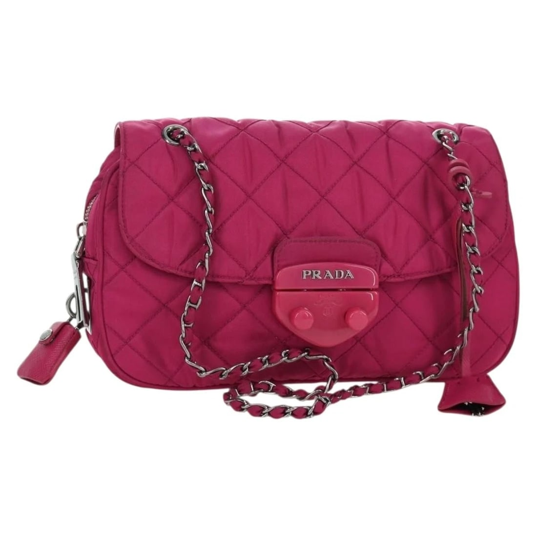 PRADA CHAIN SHOULDER BAG NYLON: PRADA Chain Shoulder Bag Nylon Brand: PRADA Type/Style: Shoulder Bag Material: Nylon Color: Pink/Silver Size: Size(Inch) W9.4 x H5.5 x D2.8inch(Approx) Accessories: None Accessories Notice