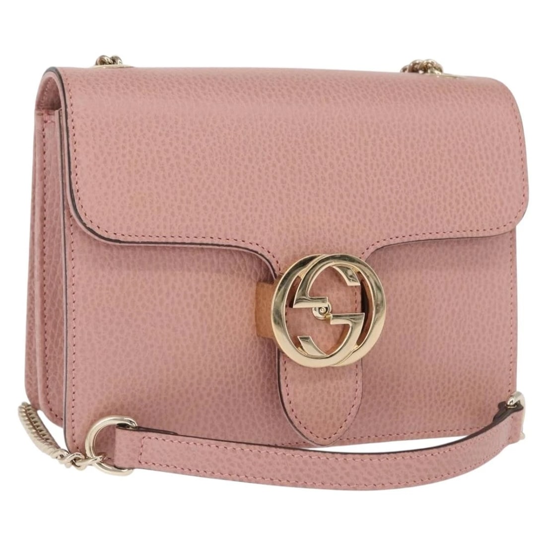 GUCCI INTERLOCKING CHAIN SHOULDER BAG: GUCCI Interlocking Chain Shoulder Bag Brand: GUCCI Type/Style: Shoulder Bag Material: Leather Color: Pink/Gold Size: Size(Inch) W7.9 x H5.9 x D2.8inch(Approx) Accessories: None Accessories