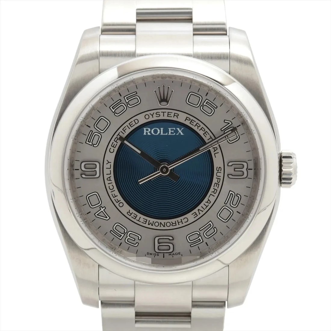 ROLEX OYSTER PERPETUAL SS BLUE CONCENTRIC X SILVER DIAL, WATCH: Rolex Oyster Perpetual SS blue concentric x silver dial, Watch Brand: Rolex Type/Style: Wristwatch Material: SS Color: blue concentric x silver dial Size: Case:W1.2 x H1.2inch / W36 x H36 Circumferenc