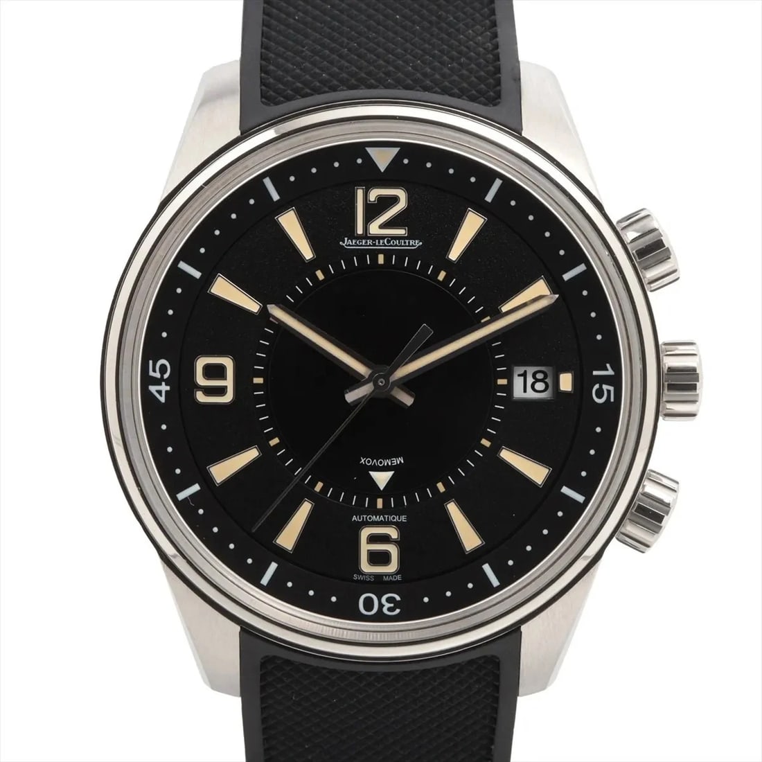 JAEGER-LECOULTRE POLARIS MEMOVOX SS & RUBBER BLACK DIAL, WATCH: Jaeger-LeCoultre Polaris Memovox SS & Rubber black dial, Watch Brand: Jaeger-LeCoultre Type/Style: Wristwatch Material: SS & Rubber Color: black dial Size: Case:W1.6 x H1.6inch / W42 x H42 Circumferen