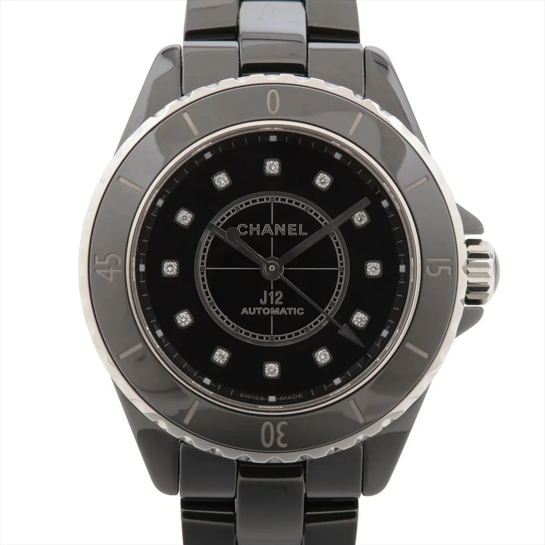 CHANEL J12 CE?SS BLACK DIAL, WATCH: Chanel J12 CE?SS Black Dial, Watch Brand: Chanel Type/Style: Wristwatch Material: CE?SS Color: Black Dial Size: Case:W1.2 x H1.2inch / W34 x H34 Circumference of Wrist:4.9inch / 12.5 Accessories: