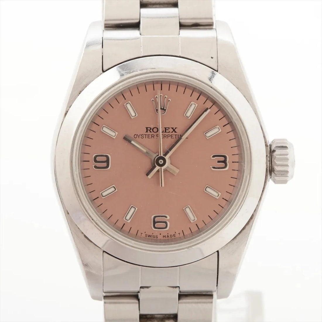 ROLEX OYSTER PERPETUAL SS PINK-FACE, WATCH: Rolex Oyster Perpetual SS Pink-Face, Watch Brand: Rolex Type/Style: Wristwatch Material: SS Color: Pink-Face Size: Case:W0.8 x H0.8inch / W24 x H24 Circumference of Wrist:5.5inch / 14 Accessories: