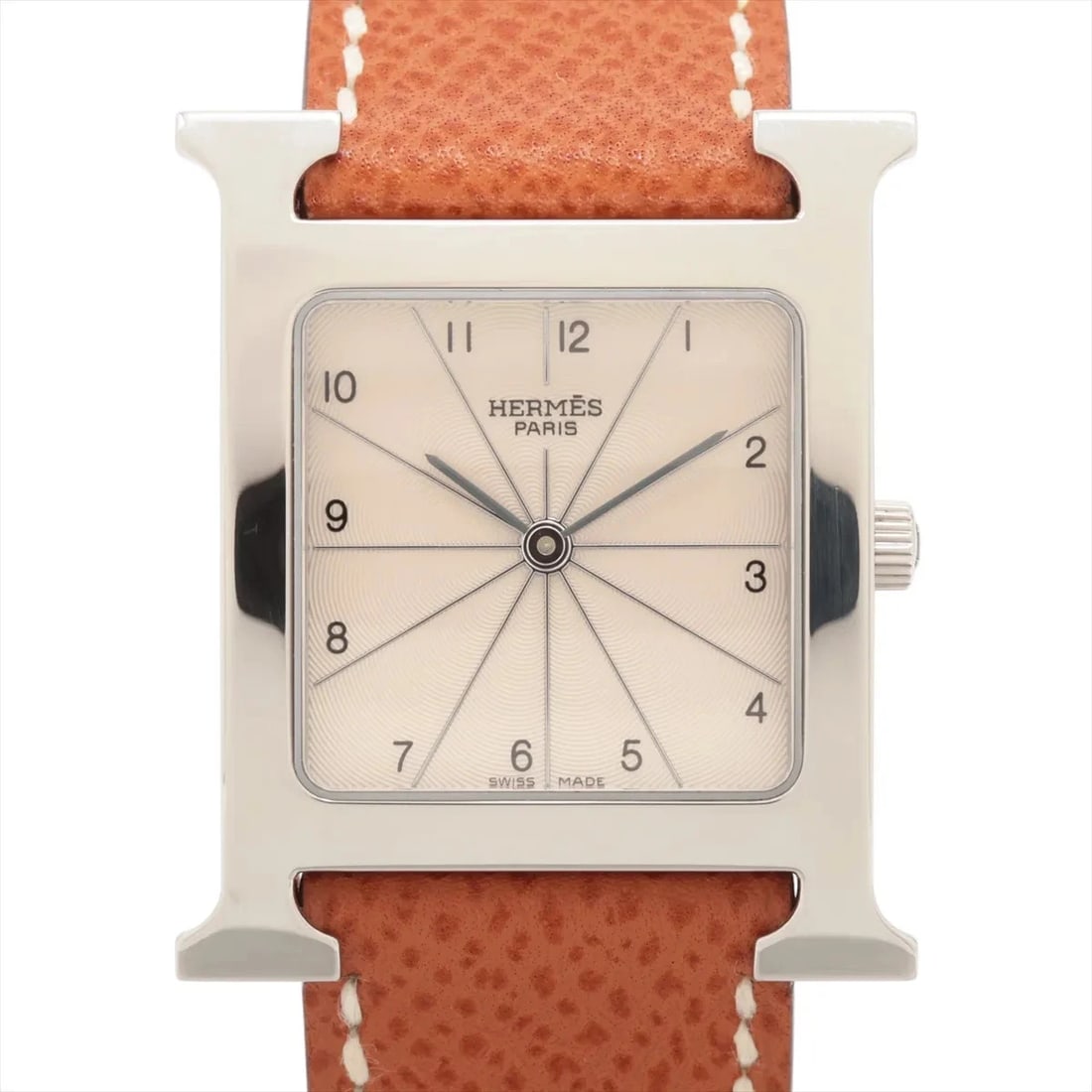 HERMES H WATCH SS & LEATHER SILVER-FACE, WATCH: Hermes H Watch SS & Leather Silver-Face, Watch Brand: Herm?s Type/Style: Wristwatch Material: SS & Leather Color: Silver-Face Size: Case:W0.8 x H1.2inch / W29 x H35 Circumference of Wrist:6.3inch / 16