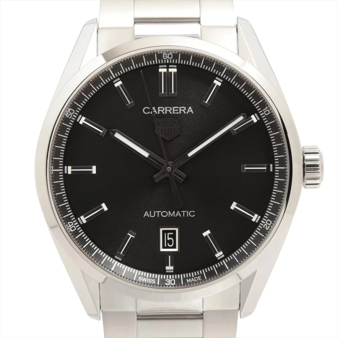 TAG HEUER CARRERA CALIBER5 SS BLACK DIAL, WATCH: TAG Heuer Carrera Caliber5 SS black dial, Watch Brand: TAG Heuer Type/Style: Wristwatch Material: SS Color: black dial Size: Case:W1.2 x H1.2inch / W39 x H39 Circumference of Wrist:7.7inch / 19.5