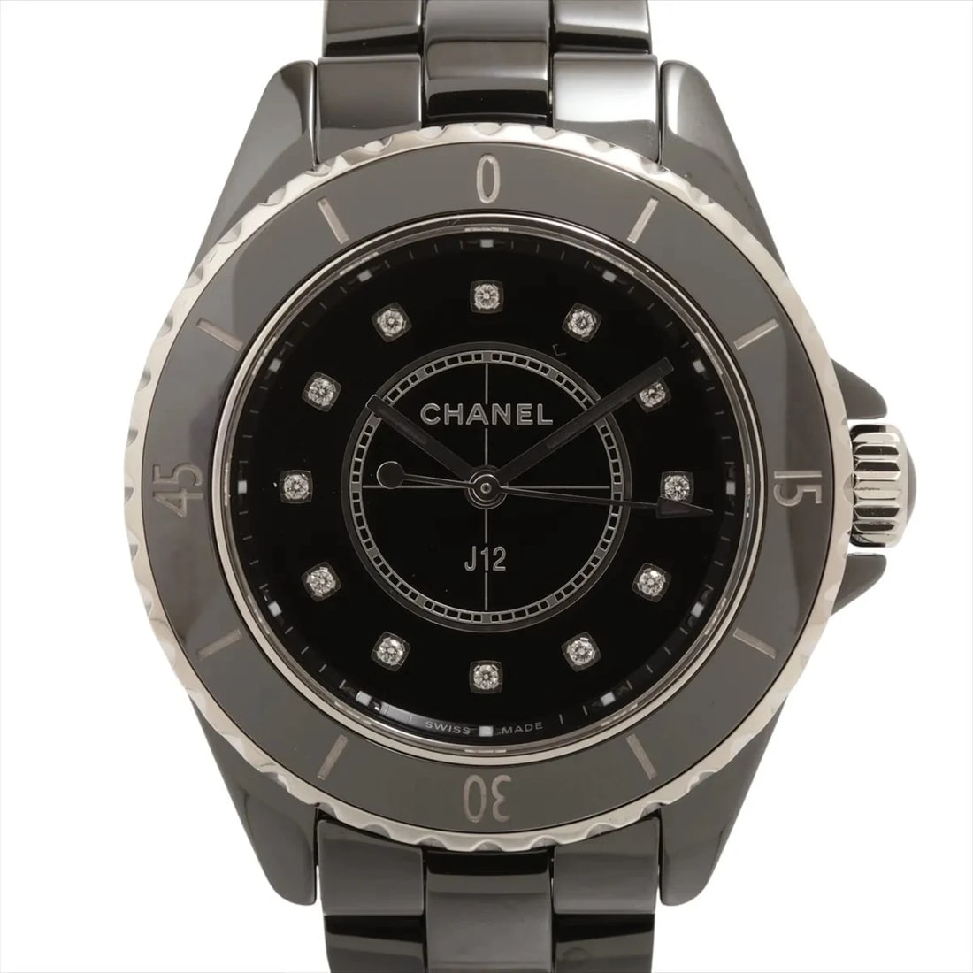 CHANEL J12 CE?SS BLACK DIAL, WATCH: Chanel J12 CE?SS black dial, Watch Brand: Chanel Type/Style: Wristwatch Material: CE?SS Color: black dial Size: Case:W1.2 x H1.2inch / W34 x H34 Circumference of Wrist:6.3inch / 16 Accessories: No