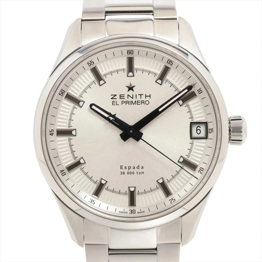 ZENITH EL PRIMERO ESPADA SS SILVER-FACE, WATCH: Zenith El Primero Espada SS Silver-Face, Watch Brand: Zenith Type/Style: Wristwatch Material: SS Color: Silver-Face Size: Case:W1.6 x H1.6inch / W40 x H40 Circumference of Wrist:6.5inch / 16.5 Acc