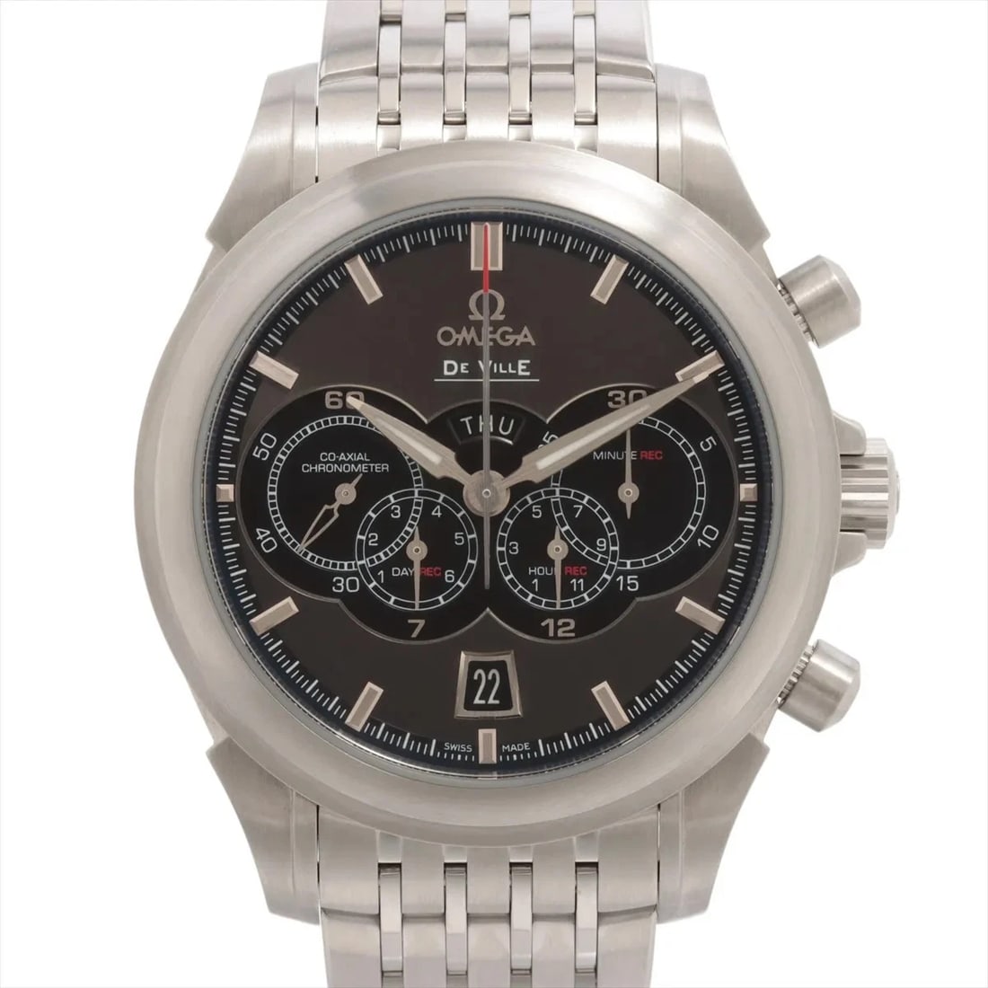 OMEGA DEVIL CHRONOSCOPE CO-AXIAL SS GRAY-FACE, WATCH: Omega Devil Chronoscope Co-Axial SS Gray-Face, Watch Brand: Omega Type/Style: Wristwatch Material: SS Color: Gray-Face Size: Case:W1.6 x H1.6inch / W41 x H41 Circumference of Wrist:7.3inch / 18.5