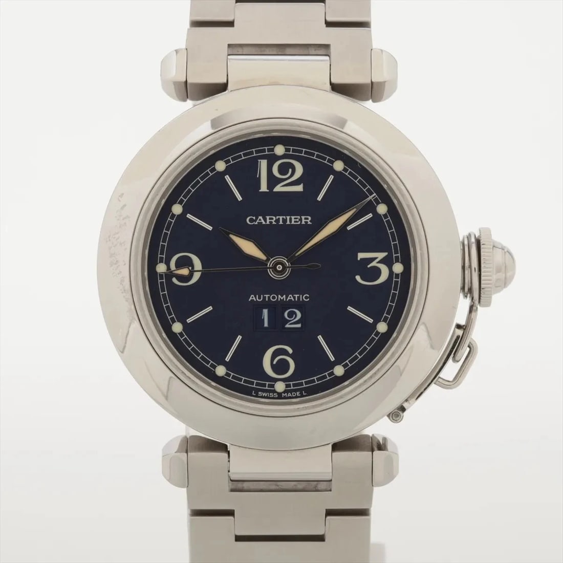CARTIER PASHA C BIG DATE SS BLUE DIAL, WATCH: Cartier Pasha C BIG DATE SS blue dial, Watch Brand: Cartier Type/Style: Wristwatch Material: SS Color: blue dial Size: Case:W1.2 x H1.2inch / W35 x H35 Circumference of Wrist:5.5inch / 14