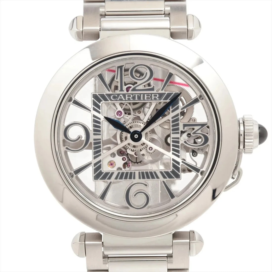 CARTIER PASHA DOO CARTIER SS SKELETON DIAL, WATCH: Cartier Pasha Doo Cartier SS Skeleton dial, Watch Brand: Cartier Type/Style: Wristwatch Material: SS Color: Skeleton dial Size: Case:W1.6 x H1.6inch / W41 x H41 Circumference of Wrist:7.5inch / 19