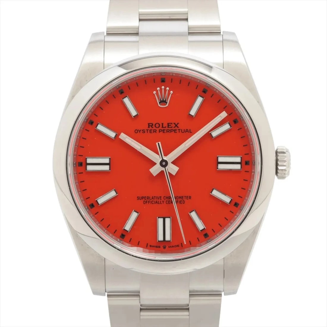ROLEX OYSTER PERPETUAL SS CORAL RED DIAL, WATCH: Rolex OYSTER PERPETUAL SS Coral red dial, Watch Brand: Rolex Type/Style: Wristwatch Material: SS Color: Coral red dial Size: Case:W1.6 x H1.6inch / W41 x H41 Circumference of Wrist:7.1inch / 18 Ac