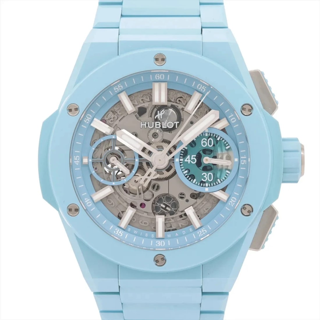 HUBLOT BIG BANG INTEGRATED SKY BLUE CERAMIC TI?CE SKELETON DIAL, WATCH: Hublot Big bang INTEGRATED sky blue ceramic TI?CE Skeleton dial, Watch Brand: Hublot Type/Style: Wristwatch Material: TI?CE Color: Skeleton dia Size: Case:W1.6 x H1.6inch / W41 x H41 Circumference of