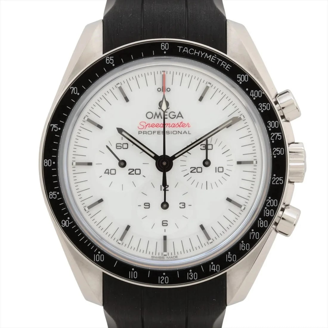 OMEGA SPEEDMASTER MOONWATCH SS & RUBBER WHITE DIAL, WATCH: Omega Speedmaster Moonwatch SS & Rubber white dial, Watch Brand: Omega Type/Style: Wristwatch Material: SS & Rubber Color: white Size: Case:W1.6 x H1.6inch / W42 x H42 Circumference of Wrist:8.3inch /