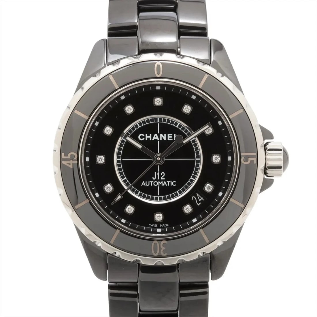 CHANEL J12 CE?SS BLACK DIAL, WATCH: Chanel J12 CE?SS black dial, Watch Brand: Chanel Type/Style: Wristwatch Material: CE?SS Color: black dial Size: Case:W1.2 x H1.2inch / W38 x H38 Circumference of Wrist:6.9inch / 17.5 Accessories:
