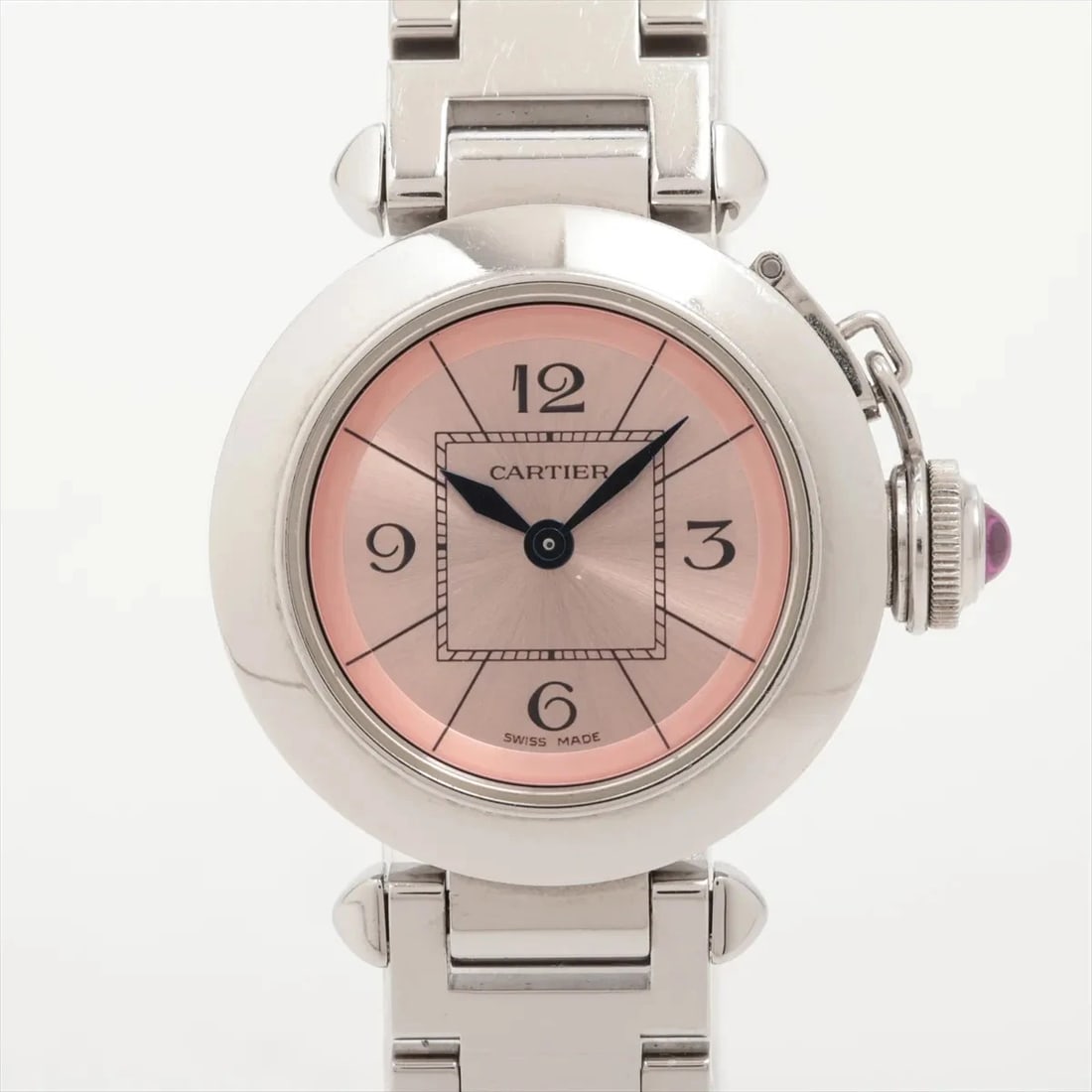 CARTIER MISS PASHA SS PINK-FACE, WATCH: Cartier Miss Pasha SS Pink-Face, Watch Brand: Cartier Type/Style: Wristwatch Material: SS Color: Pink-Face Size: Case:W0.8 x H0.8inch / W27 x H27 Circumference of Wrist:5.5inch / 14 Accessories: N