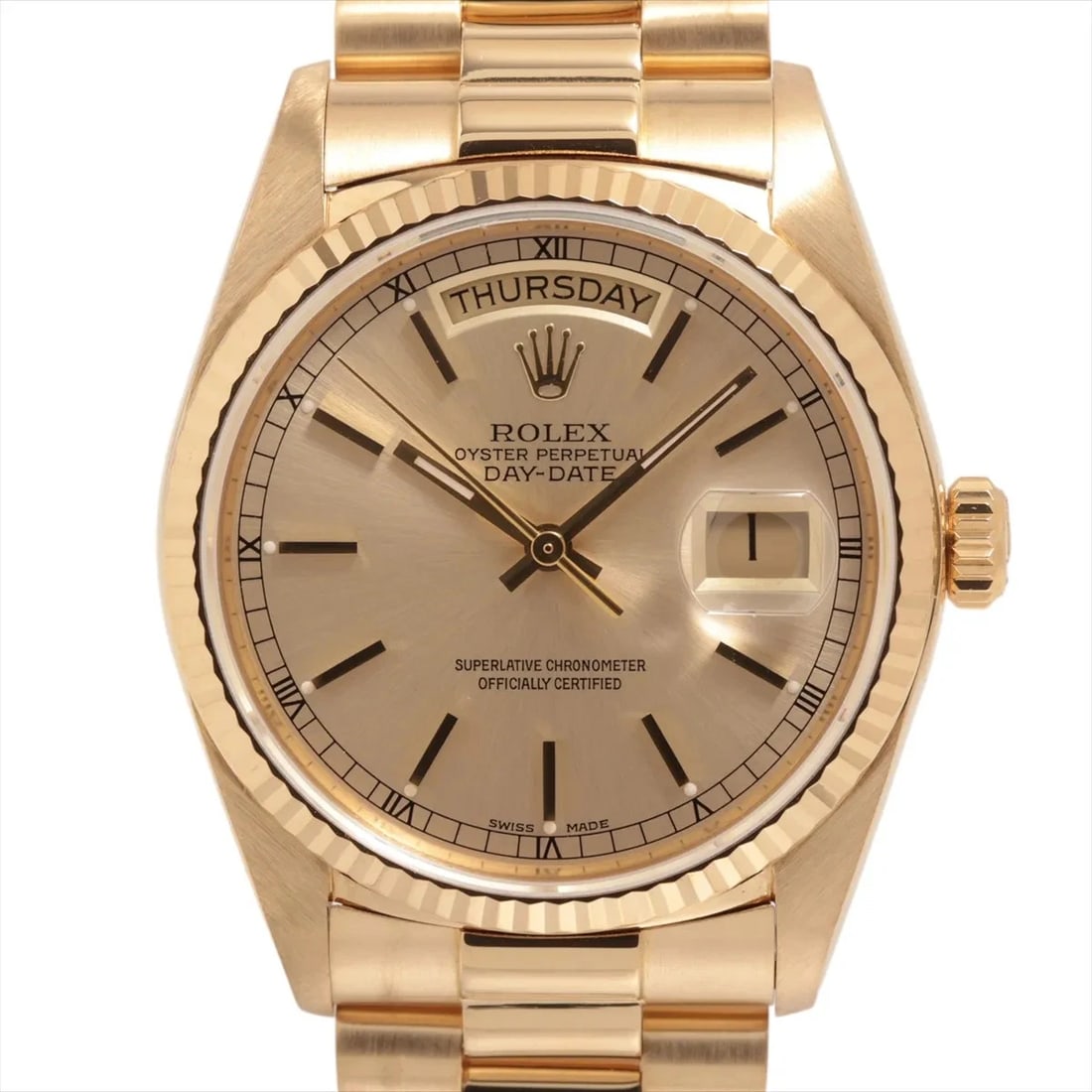 ROLEX DAY DATE YG CHAMPAGNE-FACE, WATCH: Rolex Day Date YG Champagne-Face, Watch Brand: Rolex Type/Style: Wristwatch Material: YG Color: Champagne-Face Size: Case:W1.2 x H1.2inch / W36 x H36 Circumference of Wrist:6.9inch / 17.5 Accessor